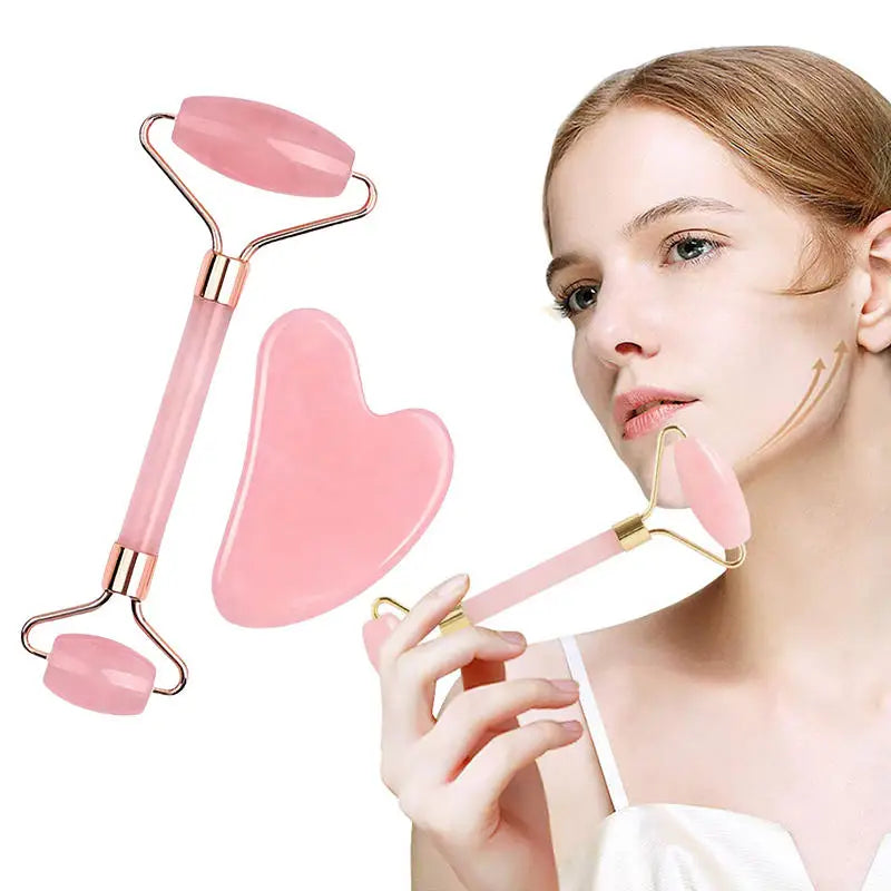 Kit Glow-Up de Cuarzo Rosa – Rodillo Facial + Gua Sha