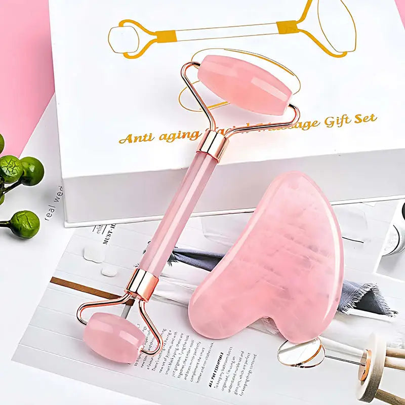 Kit Glow-Up de Cuarzo Rosa – Rodillo Facial + Gua Sha